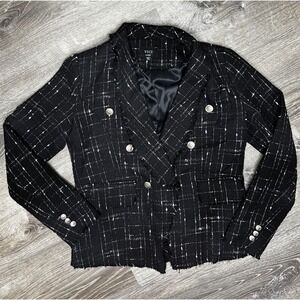 VICI Black White Tweed Blazer Women's Large Classic Fringe Hem Buttons